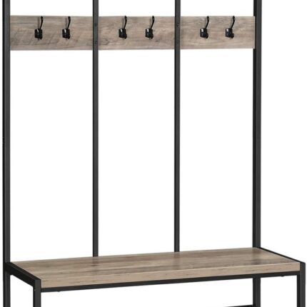 VASAGLE Large Coat Rack Stand with 12 Hooks and Shoe Bench Greige and Black