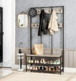 VASAGLE Large Coat Rack Stand with 12 Hooks and Shoe Bench Greige and Black - Image 2