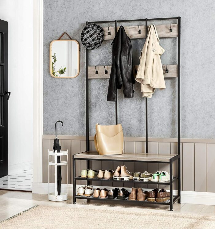 VASAGLE Large Coat Rack Stand with 12 Hooks and Shoe Bench Greige and Black - Image 2