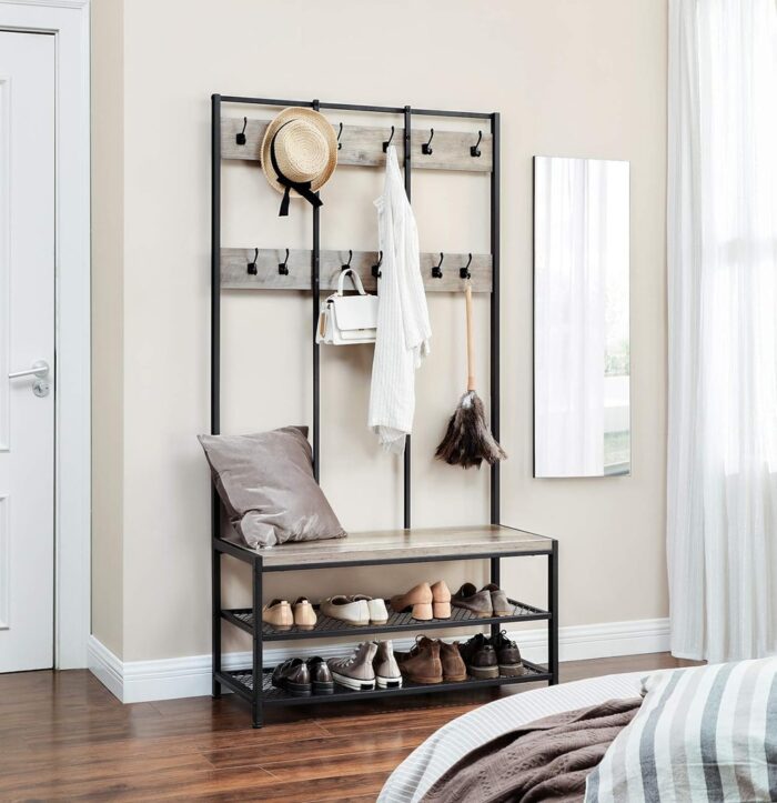 VASAGLE Large Coat Rack Stand with 12 Hooks and Shoe Bench Greige and Black - Image 3