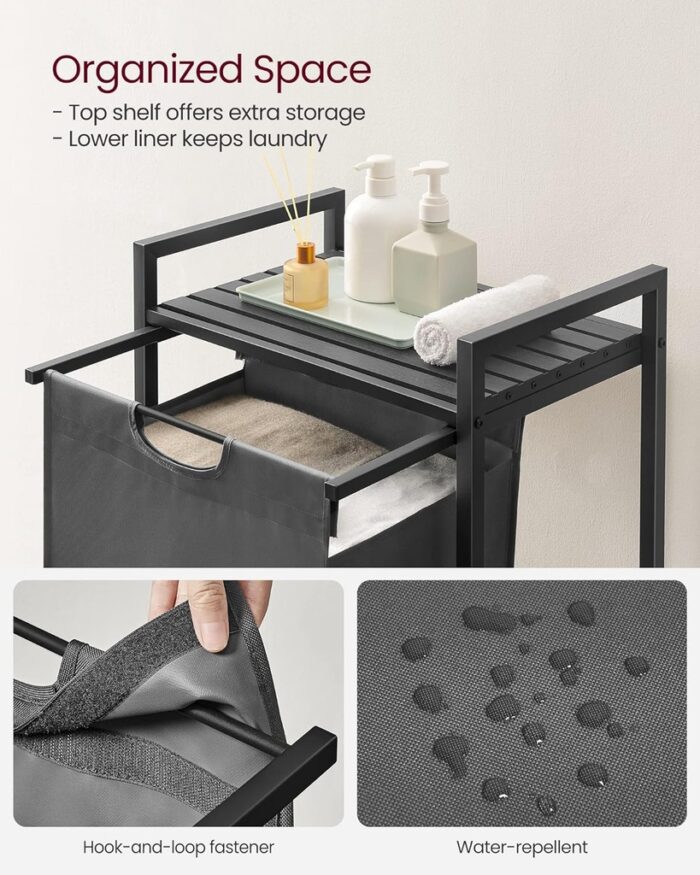 VASAGLE Laundry Hamper with Shelf and Pull-Out Bag 65L Black and Gray - Image 3
