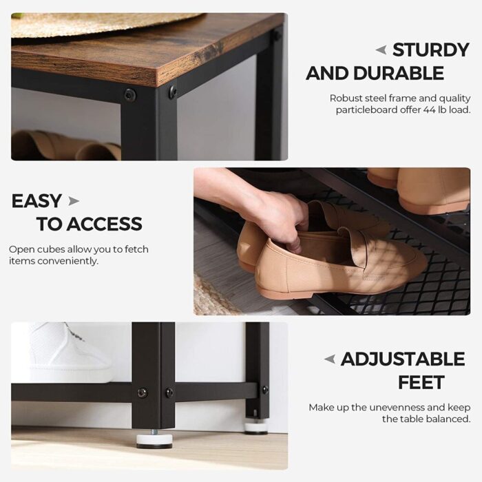 VASAGLE 3 Tier Shoe Storage Bench 73cm Rustic Brown and Black - Image 2