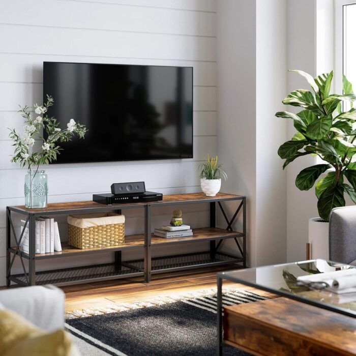 VASAGLE TV Cabinet Stand Lowboard for TVs up to 70 Inches with Shelves Steel Frame Vintage Brown/Black - Image 2