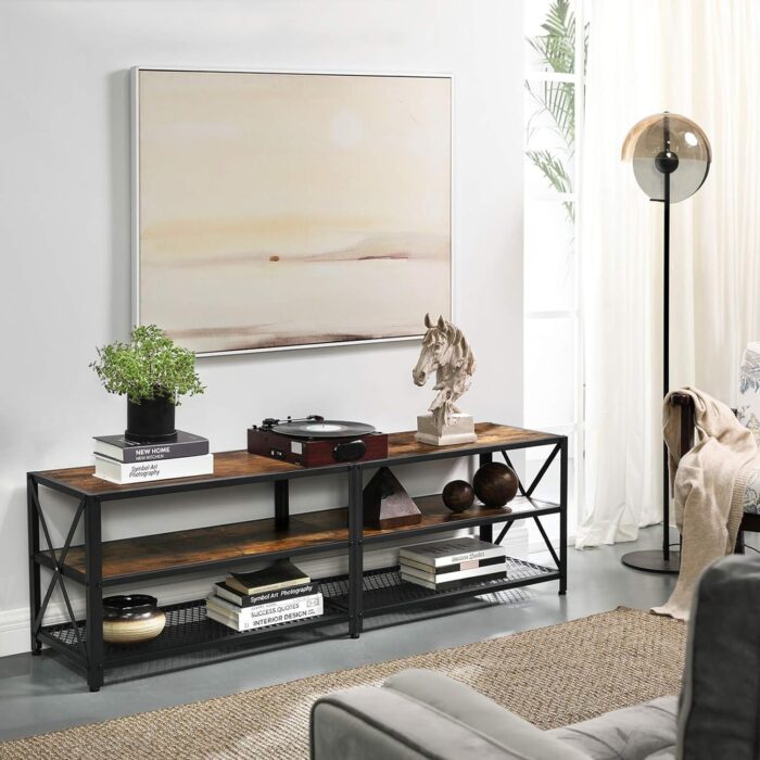 VASAGLE TV Cabinet Stand Lowboard for TVs up to 70 Inches with Shelves Steel Frame Vintage Brown/Black - Image 3