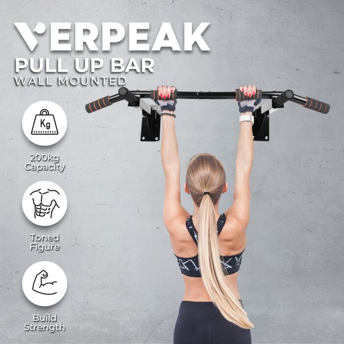 VERPEAK Wall Mounted Pull Up Bar with 136 kg Capacity Black - Image 2