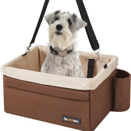 FEANDREA Dog Car Seat for Small Dogs up to 8kg with Adjustable Straps Removable Washable Fleece Liner and 4 Pockets Brown and Beige PBS042K01