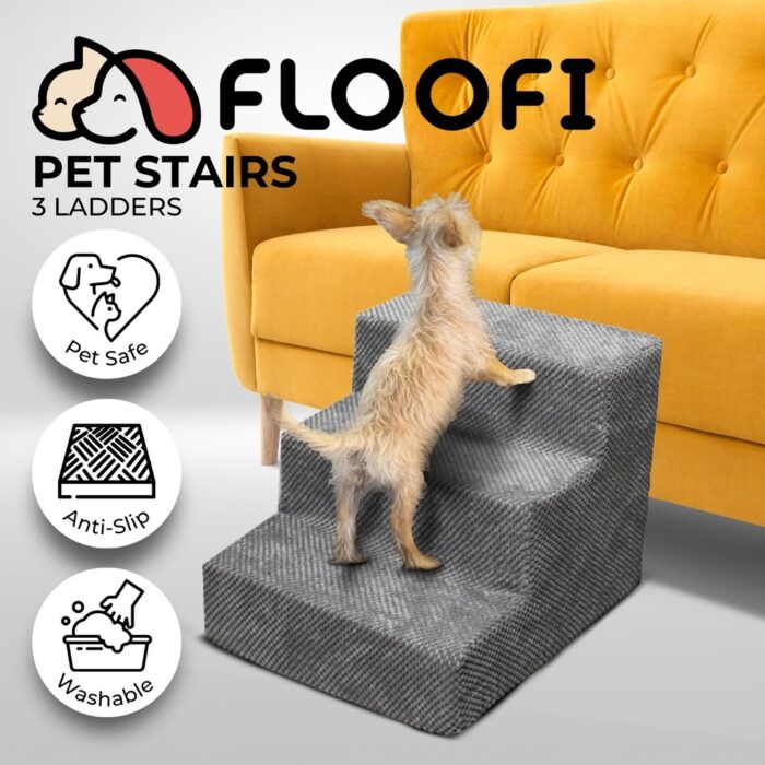 FLOOFI 3-Step Detachable Memory Foam Pet Stairs with Removable Washable Cover (Grey) - Image 2