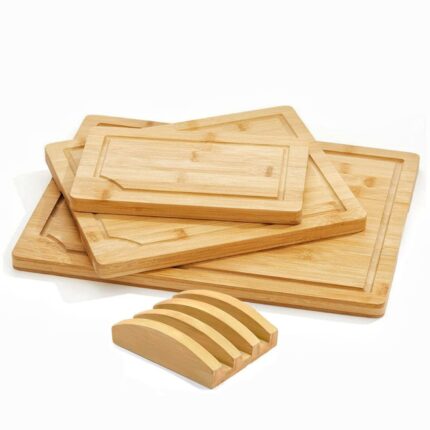 GOMINIMO 3 Pieces Bamboo Chopping Board with Stand Set Kitchen Cutting Wooden