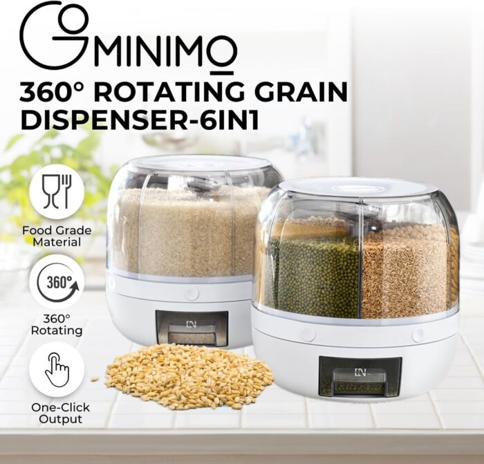 GOMINIMO 6 in 1 Rotating 360° Grain Dispenser with Lid White - Image 2
