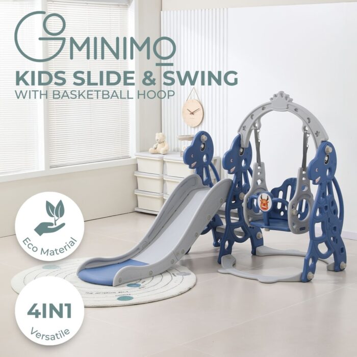 GOMINIMO Kids Slide and Swing Set with Basketball Hoop (blue Dinosaur) - Image 2