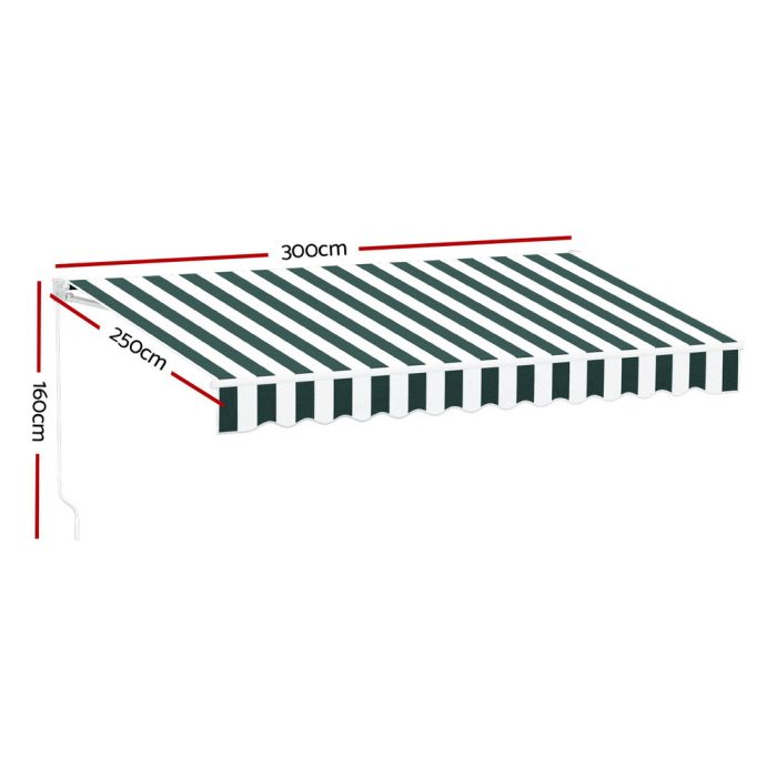 Instahut Retractable Folding Arm Awning Motorised Sunshade 3Mx2.5M Green White - Image 2
