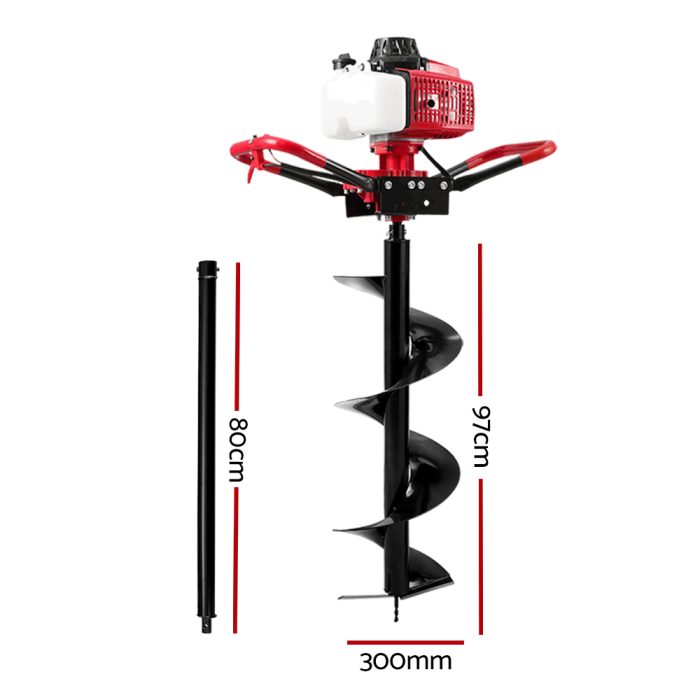 Giantz 92CC Post Hole Digger 300mm Petrol Drill Extension Auger Bits - Image 2