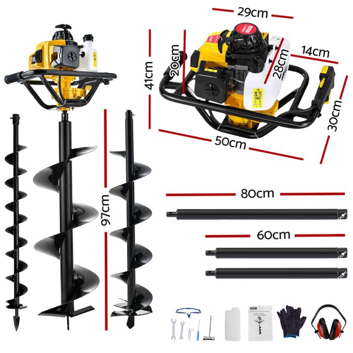 Giantz Post Hole Digger 82CC Petrol Motor Drill Borer Fence Extension Auger Bits - Image 2