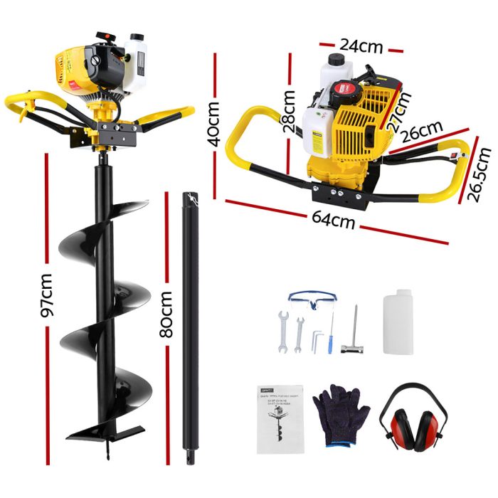 Giantz 74CC Post Hole Digger 300mm Petrol Drill Auger Extension Bits - Image 2