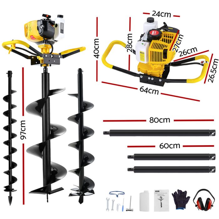 Giantz Post Hole Digger 74CC Petrol Motor Drill Borer Fence Extension Auger Bits - Image 2