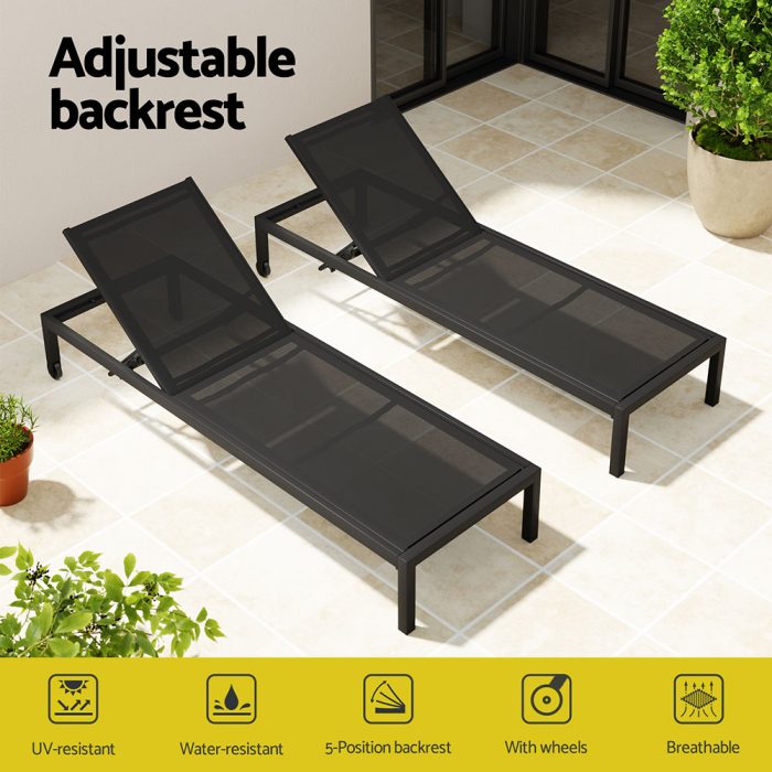 Gardeon Sun Lounge Outdoor Lounger Aluminium Folding Beach Chair Wheels Black - Image 4