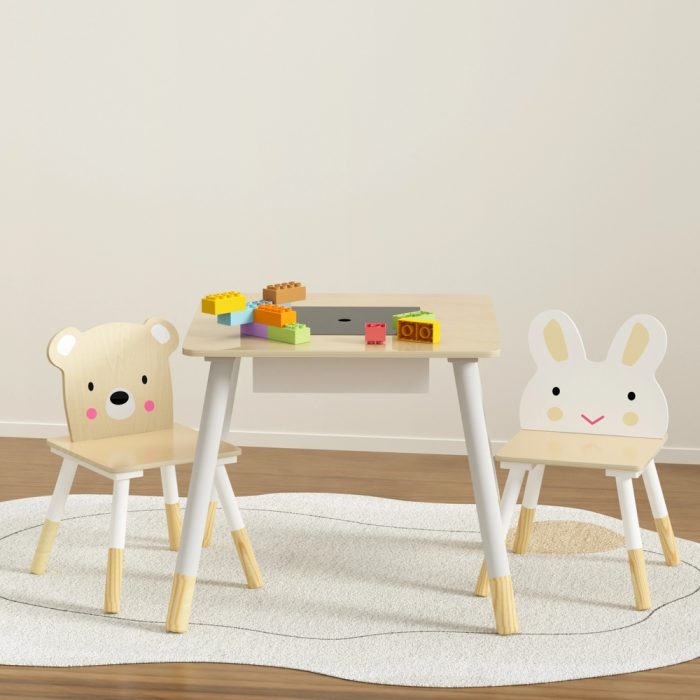 Keezi 3PCS Kids Table and Chairs Set Activity Desk Chalkboard Toy Hidden Storage - Image 4