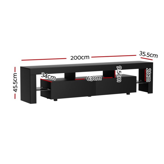 Artiss TV Cabinet Entertainment Unit Stand RGB LED Gloss Furniture 200cm Black - Image 2