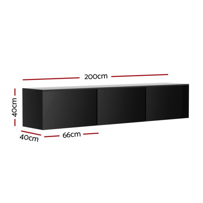 Artiss Floating Entertainment Unit TV Cabinet High Glossy Black 3 Cabinets 200CM - Image 2