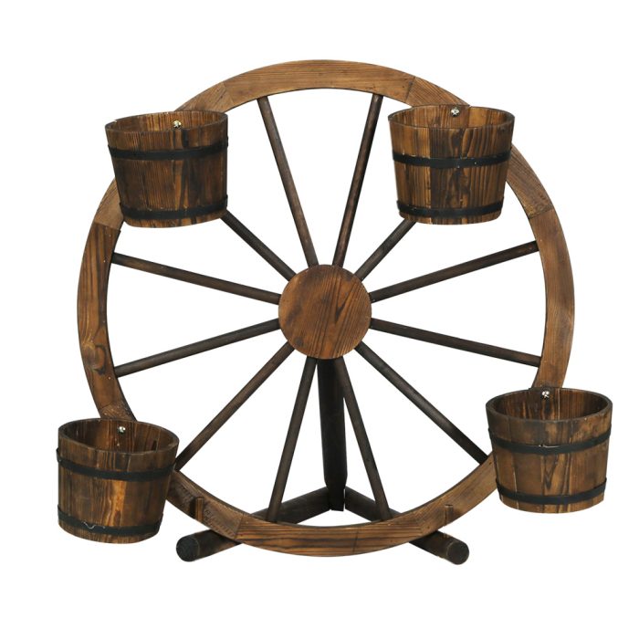 Gardeon Garden Decor Plant Stand Outdoor Ornament Wooden Wagon Wheel 80cm - Image 3