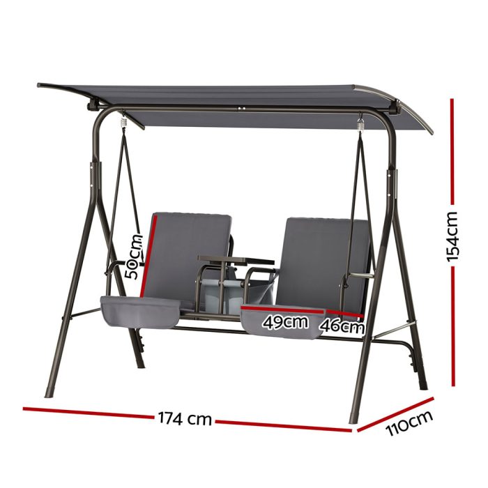 Gardeon Outdoor Swing Chair Garden Furniture Canopy Cup Holder 2 Seater Grey - Image 2