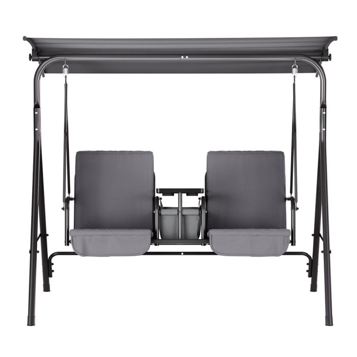 Gardeon Outdoor Swing Chair Garden Furniture Canopy Cup Holder 2 Seater Grey - Image 3