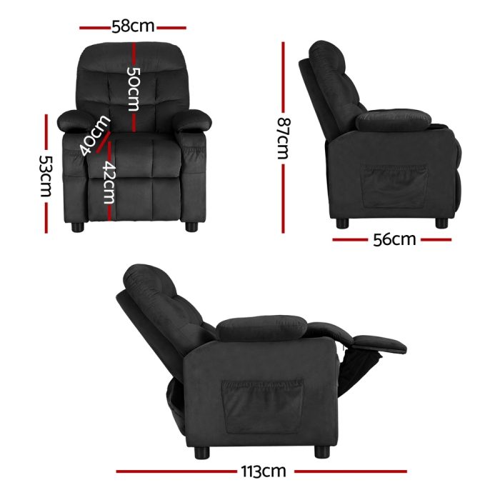 Keezi Kids Recliner Chair Black Velvet Sofa Lounge Couch Children Charis Armchair - Image 2