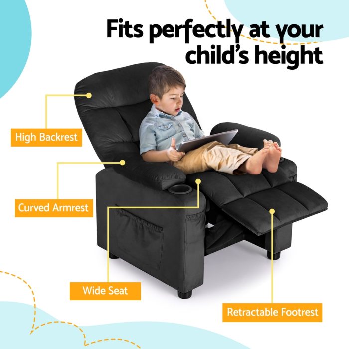 Keezi Kids Recliner Chair Black Velvet Sofa Lounge Couch Children Charis Armchair - Image 4