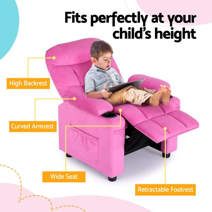 Keezi Kids Recliner Chair Pink Velvet Sofa Lounge Couch Children Charis Armchair - Image 4