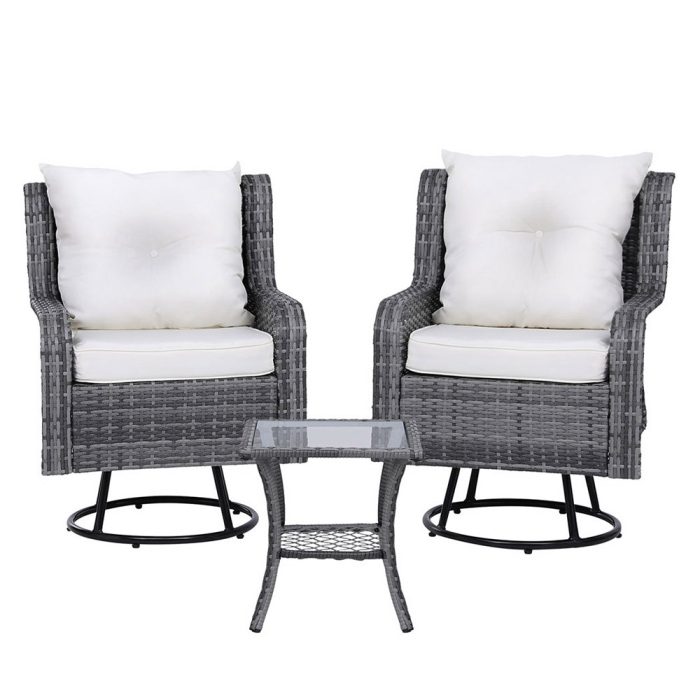 Gardeon 3PC Outdoor Furniture Bistro Set Lounge Wicker Swivel Chairs Table Cushion Grey - Image 2