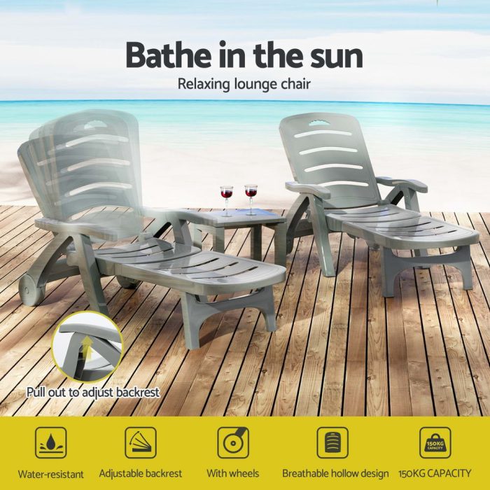 Gardeon Sun Lounger Folding Lounge Chair Wheels Patio Outdoor Furniture Grey - Image 4