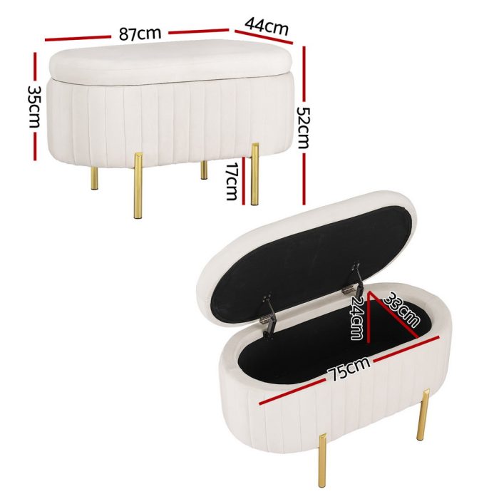 Artiss Storage Ottoman Blanket Box 87cm Velvet Oval White - Image 2