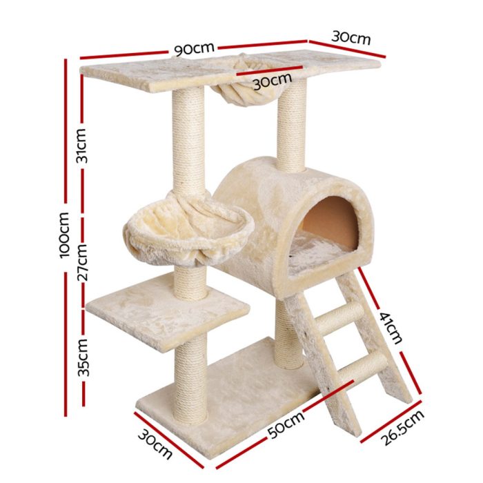i.Pet Cat Tree Tower 100cm Plush Scratching Post Paradise Beige - Image 2