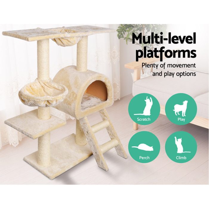 i.Pet Cat Tree Tower 100cm Plush Scratching Post Paradise Beige - Image 3