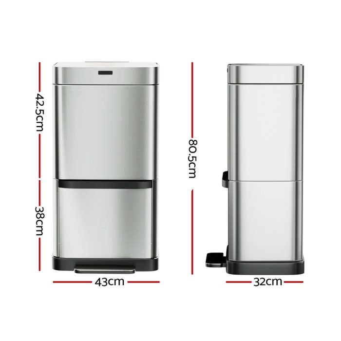 Devanti 70L Motion Sensor Bin Pedal Bins Automatic Siver - Image 2