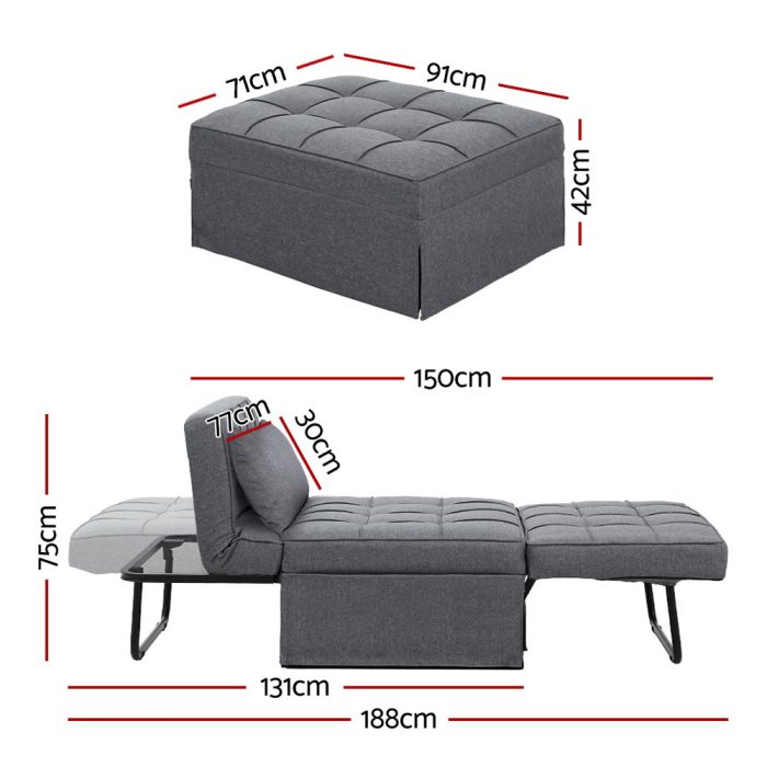 Artiss Sofa Bed Ottoman Pillow Folding Linen Grey Siyi - Image 2