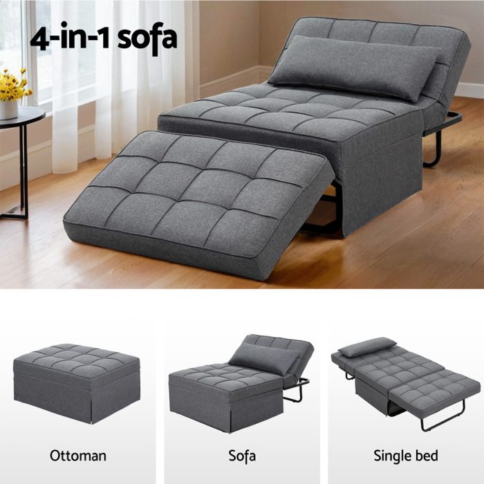 Artiss Sofa Bed Ottoman Pillow Folding Linen Grey Siyi - Image 4