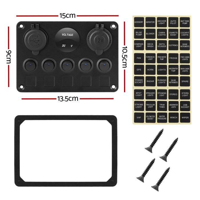 Giantz 5 Gang 12V Switch Panel For Car Boat Marine USB ON-OFF LED Rocker Toggle - Image 2