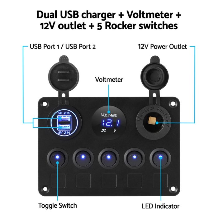 Giantz 5 Gang 12V Switch Panel For Car Boat Marine USB ON-OFF LED Rocker Toggle - Image 4