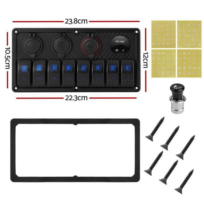 Giantz 8 Gang 12V Switch Panel For Car Boat Marine USB ON-OFF LED Rocker Toggle - Image 2