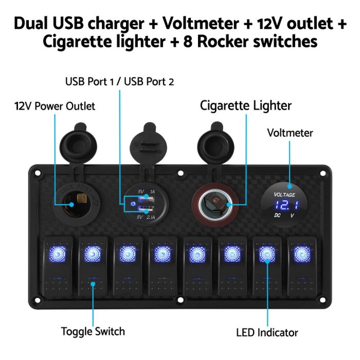 Giantz 8 Gang 12V Switch Panel For Car Boat Marine USB ON-OFF LED Rocker Toggle - Image 4