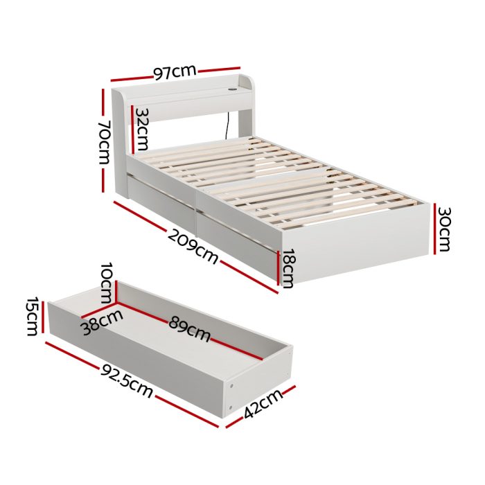 Artiss Bed Frame Single Size Mattress Base wtih Charging Ports 2 Storage Drawers - Image 2