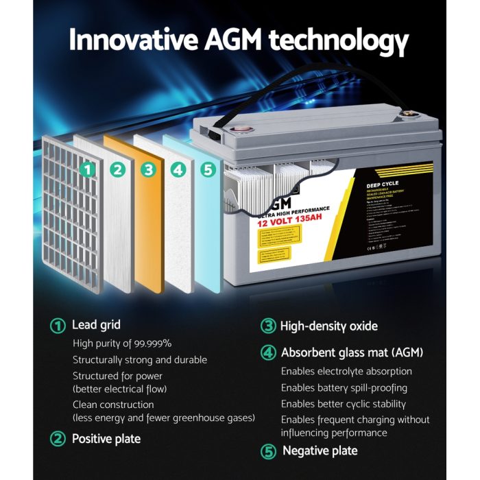 Giantz AGM Deep Cycle Battery 12V 135Ah Box Portable Solar Caravan Camping - Image 4