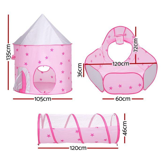 Keezi Kids Playhouse Play Tent Pop Up Castle Crawl Tunnel Basketball Hoop Pink - Image 2