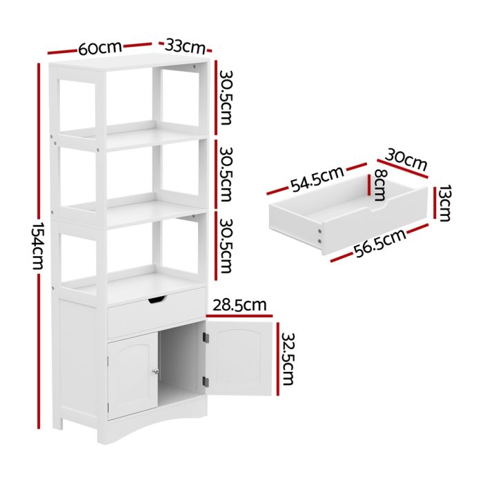 Artiss Bathroom Floor Storage Cabinet with 2 Drawers 3 Open Shelves 2 Doors White - Image 2