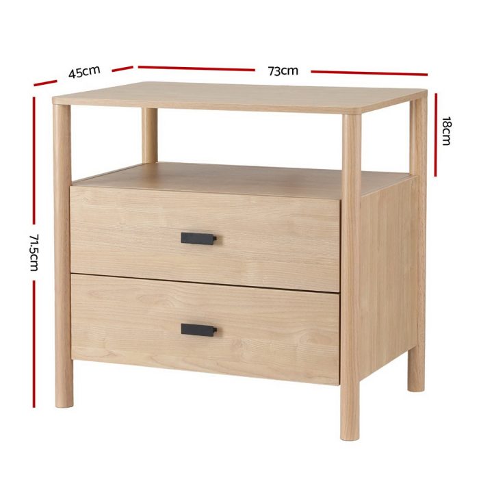 Artiss Bedside Table Nightstand 2 Drawers - Pine - Image 2