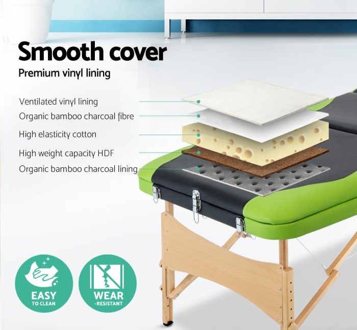 Zenses Massage Table 70cm Portable 3 Fold Wooden Beauty Bed Green - Image 4