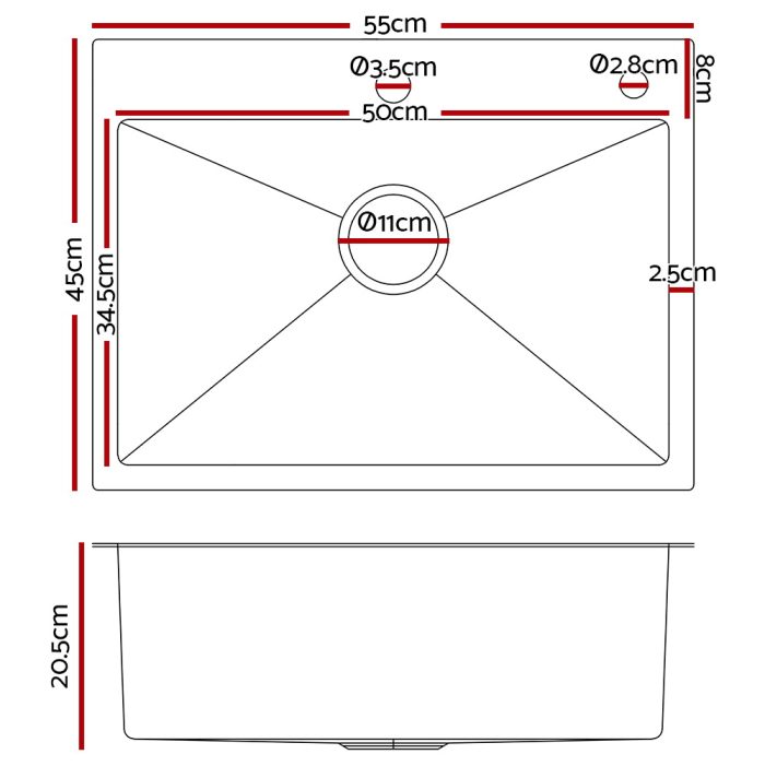 Cefito Kitchen Sink 55X45CM Stainless Steel Basin Single Bowl Extra Hole Silver - Image 2