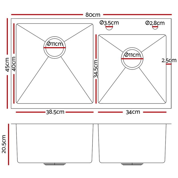 Cefito 80cm x 45cm Stainless Steel Kitchen Sink Flush/Drop-in Mount Silver - Image 2