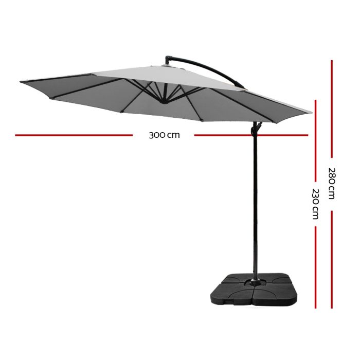 Instahut 3M Umbrella with 50x50cm Base Outdoor Umbrellas Cantilever Sun Stand UV Garden Grey - Image 2